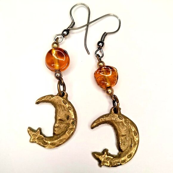 Vintage Jewelry - Celestial Crescent Moon Stars Brass Earrings Glass Bead Charm Y2K Jewelry Vtg